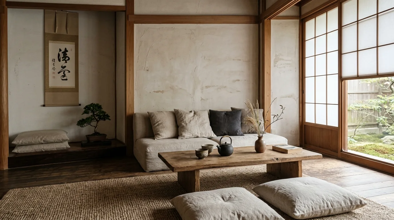 Serene Wabi Sabi room with raw wood, handmade ceramics, and textured walls.